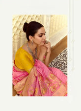 India Silk Pink Presents A Pure Viscose Saree Featuring A Delicately Hand-Worked Body That Showcases Exquisite Craftsmanship